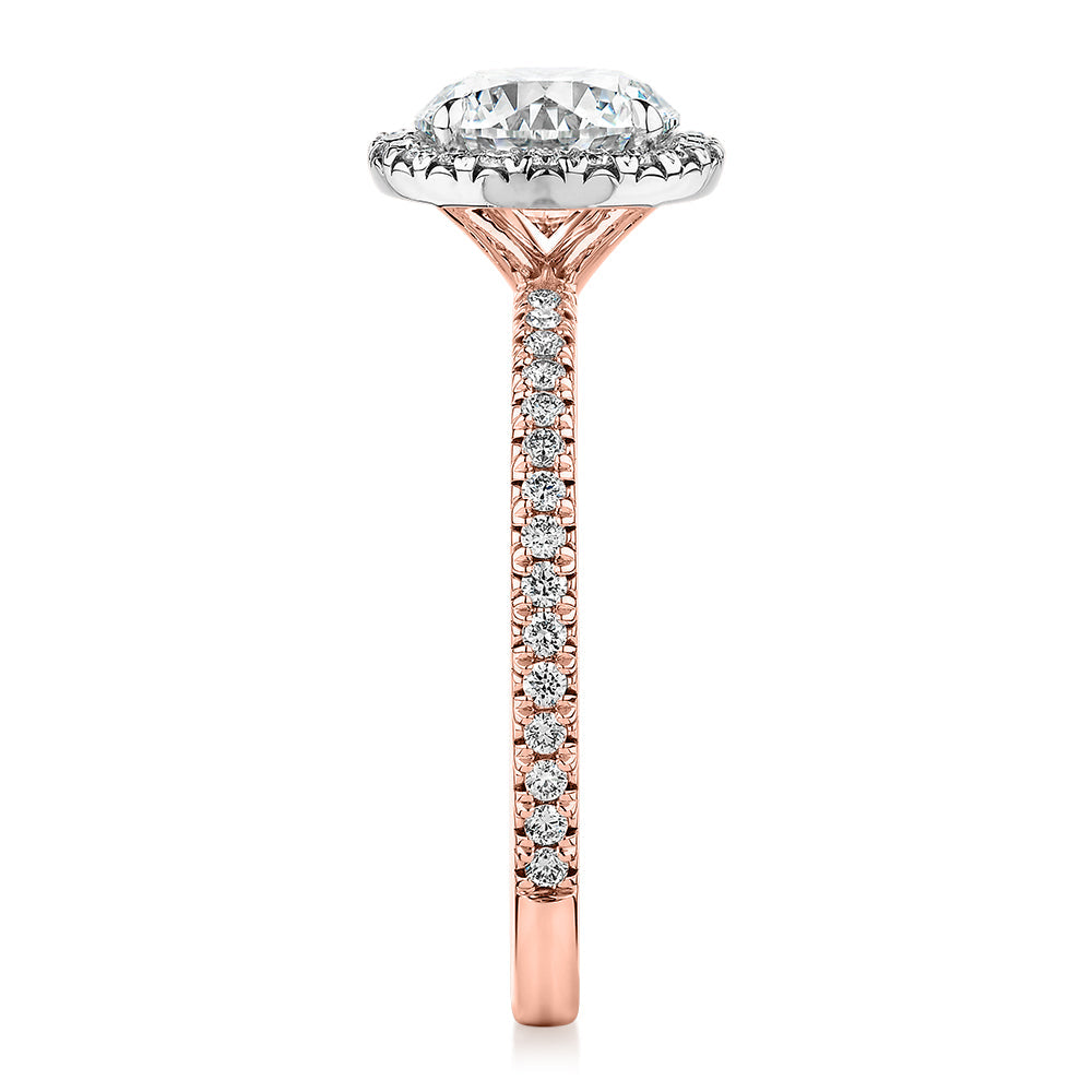 Premium Certified Laboratory Created Diamond, 1.88 carat TW round brilliant halo engagement ring in 18 carat rose and white gold