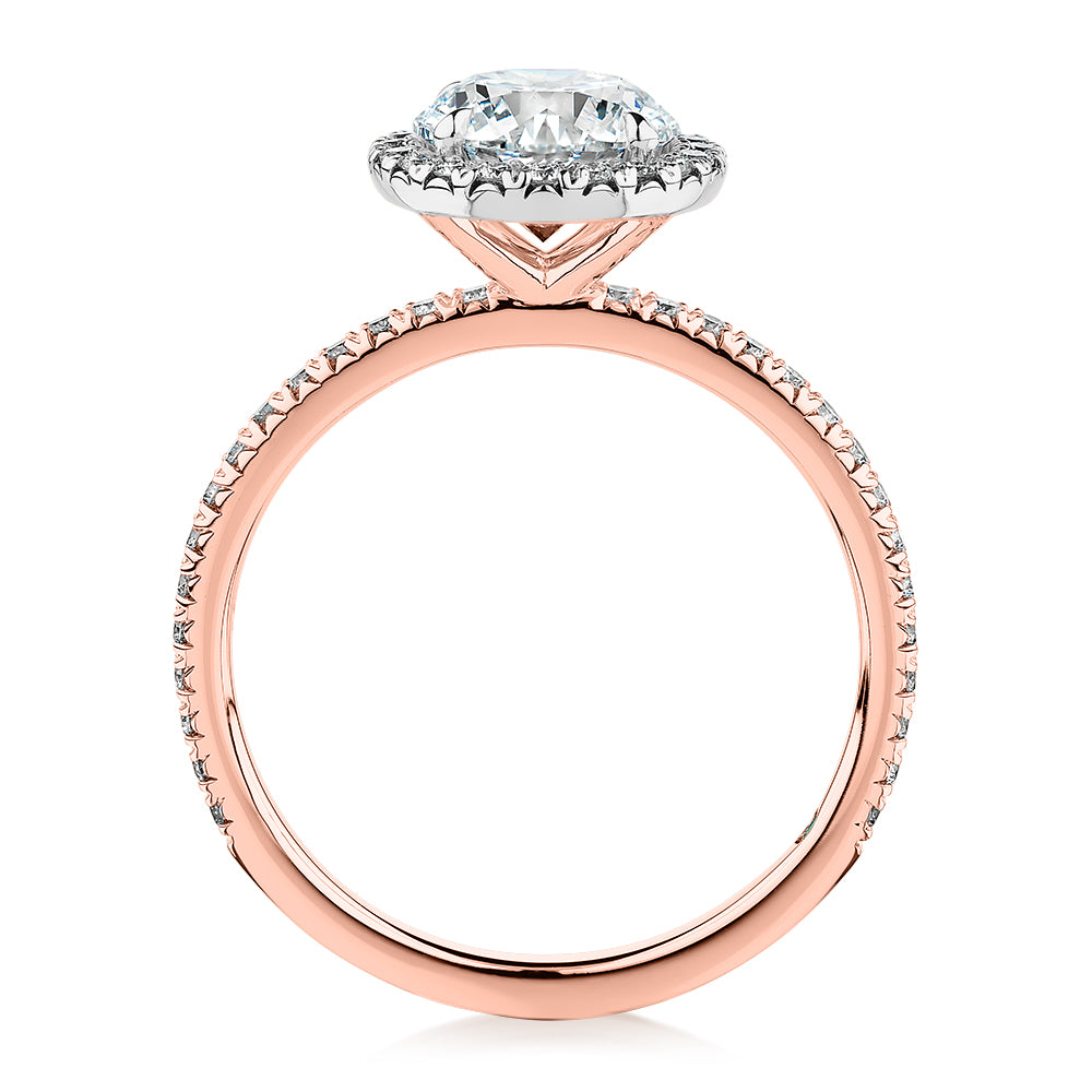 Premium Certified Laboratory Created Diamond, 1.88 carat TW round brilliant halo engagement ring in 18 carat rose and white gold