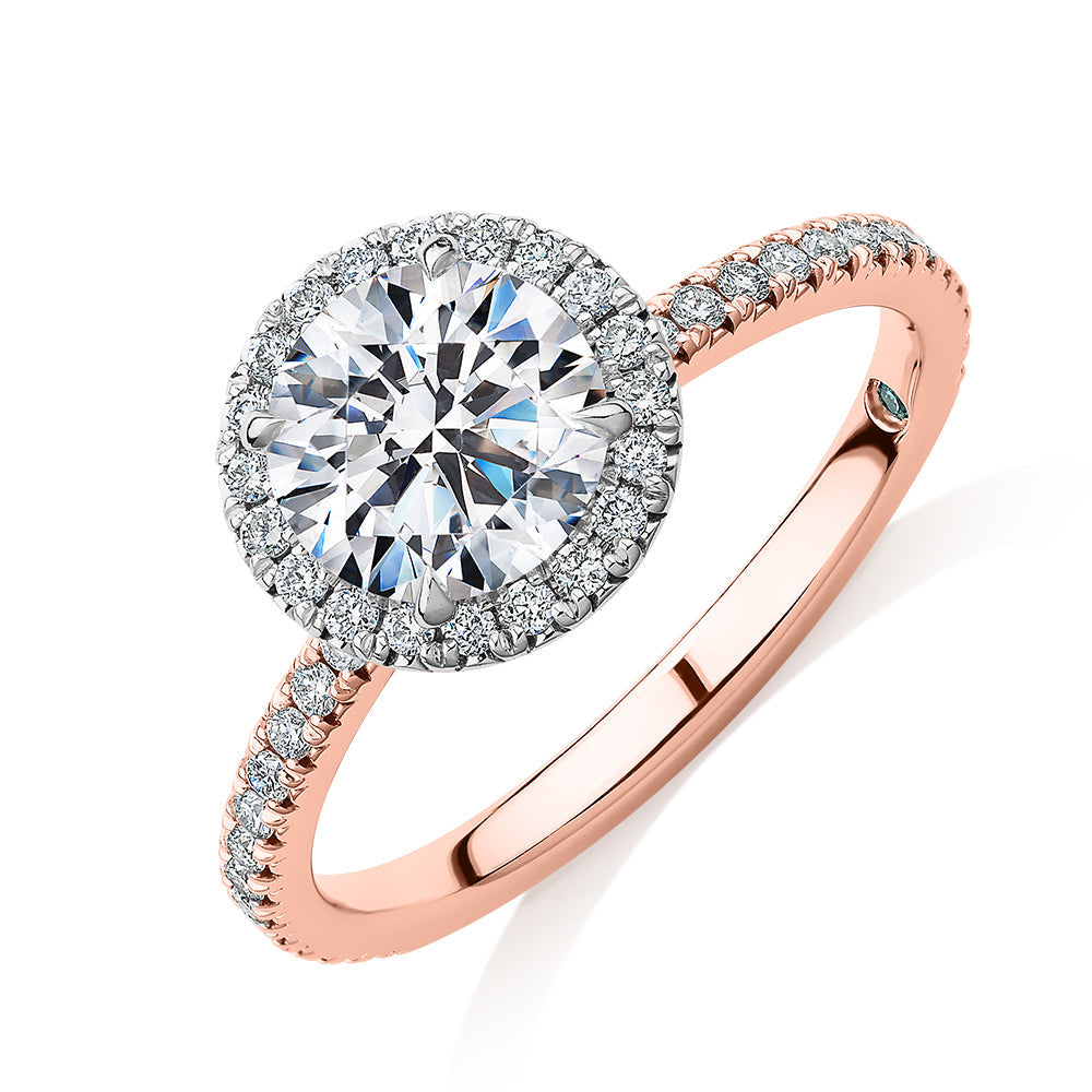 Premium Certified Laboratory Created Diamond, 1.88 carat TW round brilliant halo engagement ring in 18 carat rose and white gold