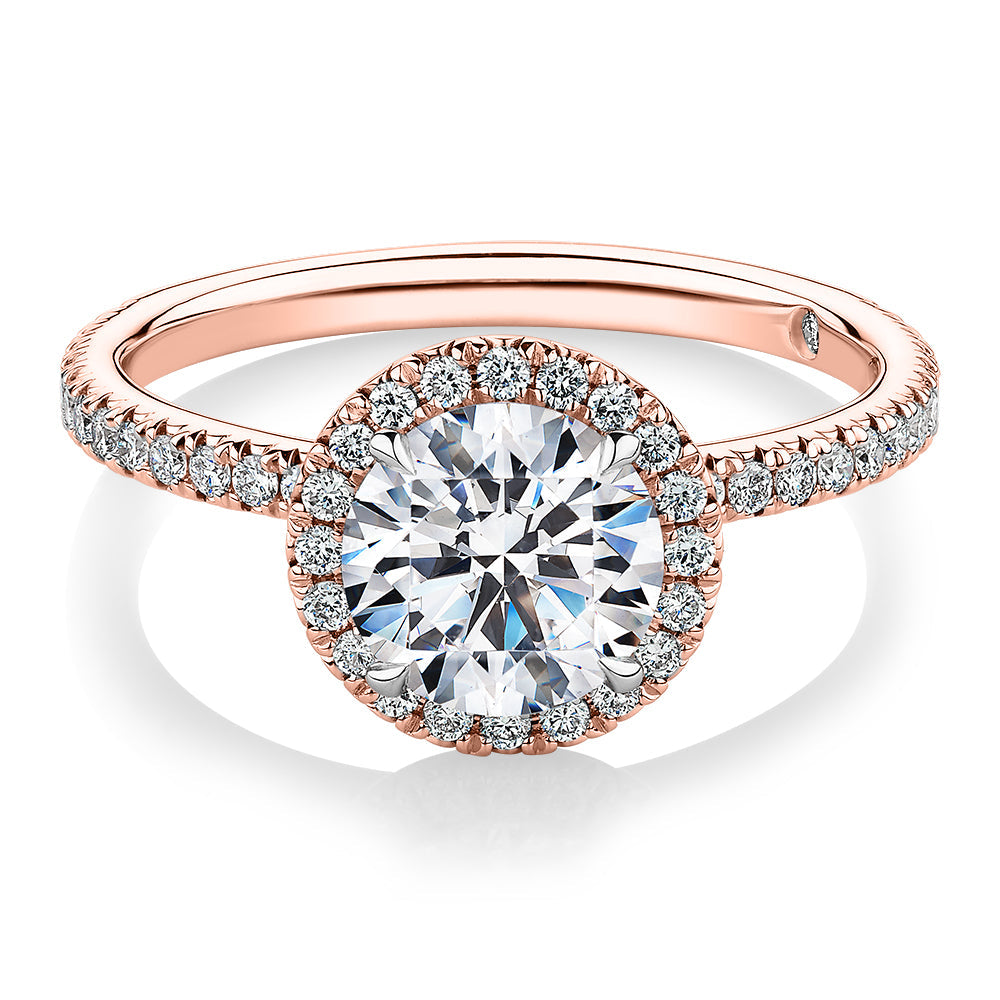 Signature Simulant Diamond 1.88 carat* TW round brilliant halo engagement ring in 10 carat rose and white gold