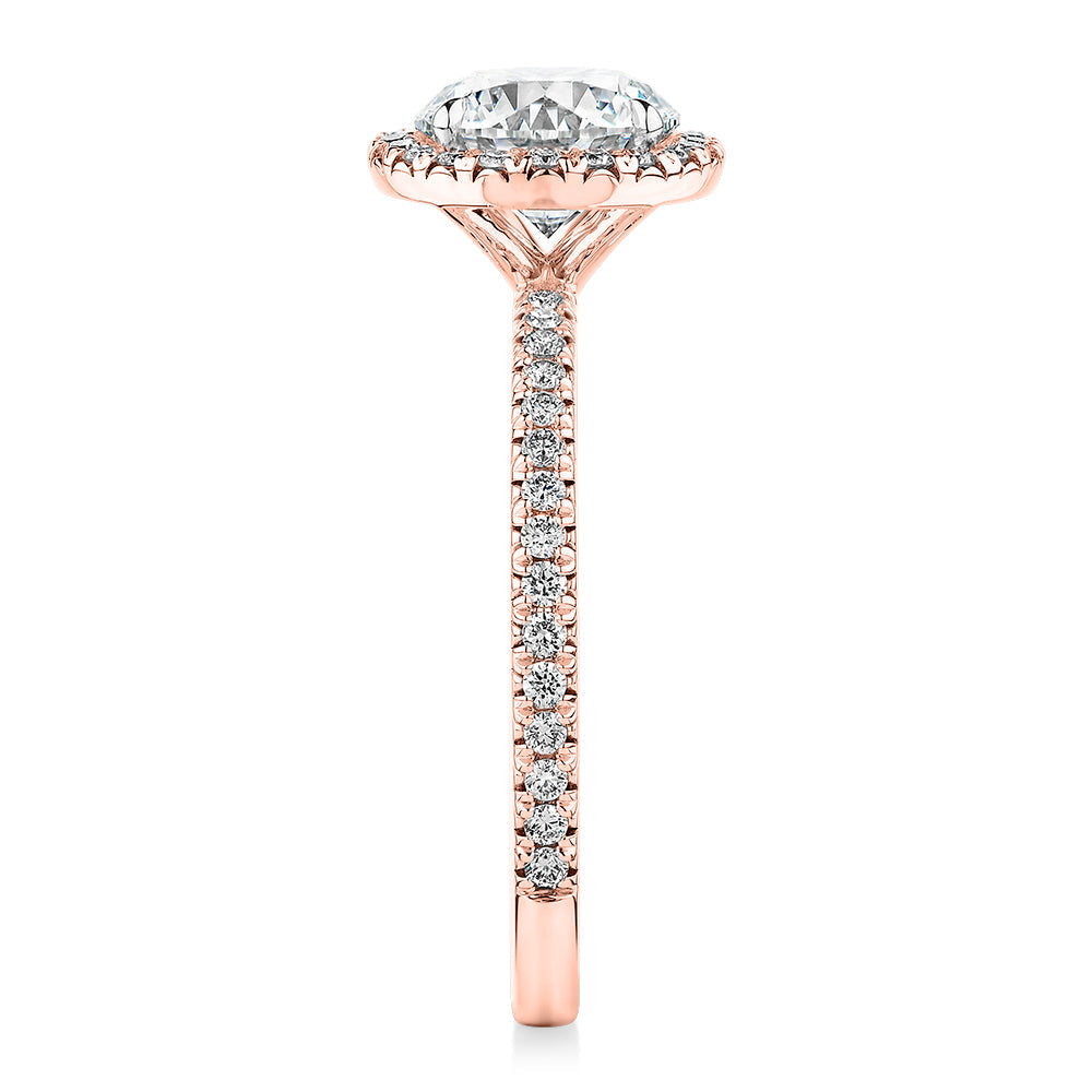 Signature Simulant Diamond 1.88 carat* TW round brilliant halo engagement ring in 10 carat rose and white gold