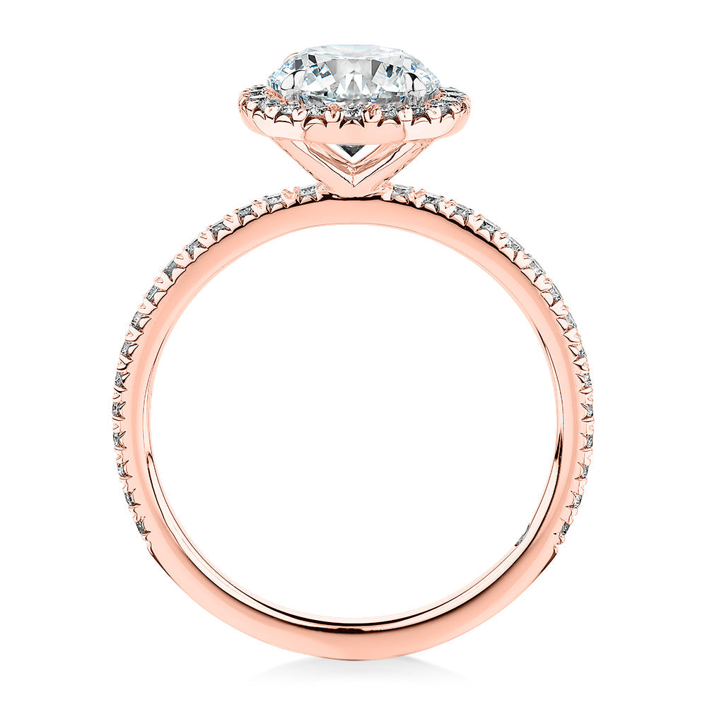 Signature Simulant Diamond 1.88 carat* TW round brilliant halo engagement ring in 10 carat rose and white gold