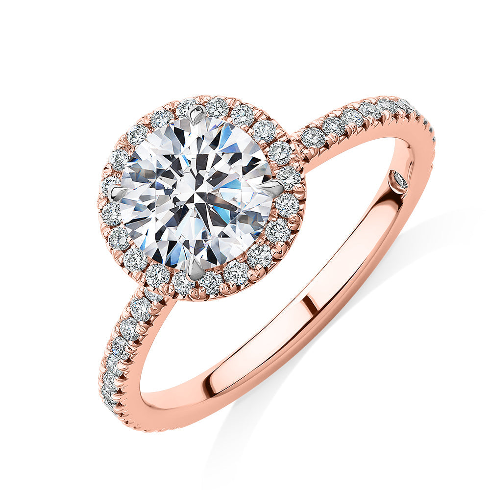 Signature Simulant Diamond 1.88 carat* TW round brilliant halo engagement ring in 10 carat rose and white gold