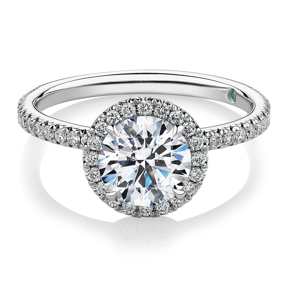 Premium Certified Lab-Grown Diamond, 1.88 carat TW round brilliant halo engagement ring in 18 carat white gold