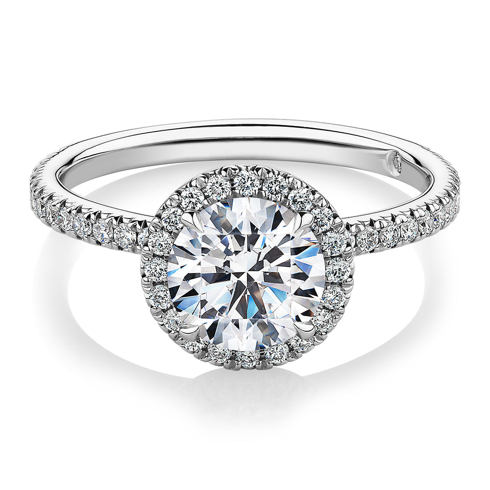 Signature Simulant Diamond 1.88 carat* TW round brilliant halo engagement ring in 10 carat white gold