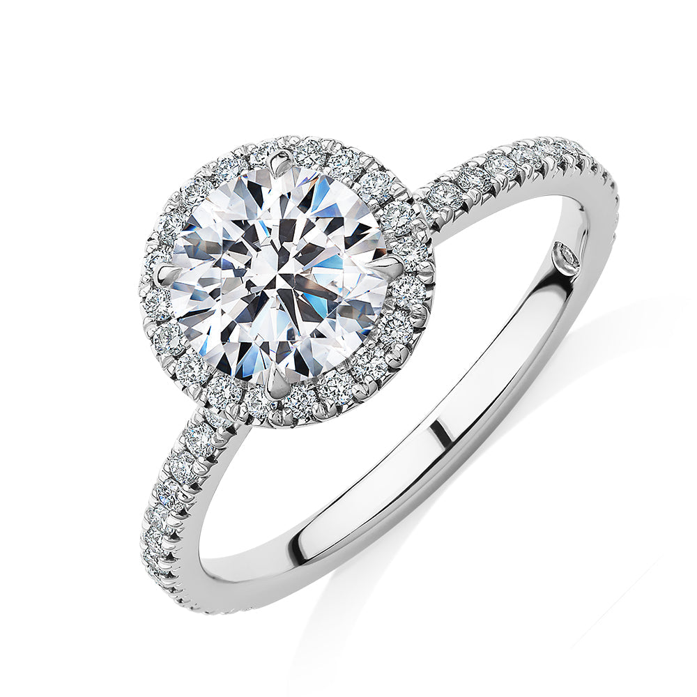 Signature Simulant Diamond 1.88 carat* TW round brilliant halo engagement ring in 10 carat white gold