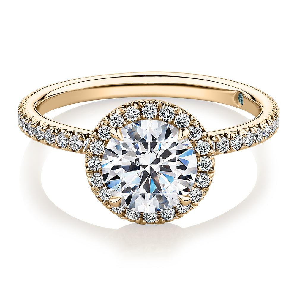 Premium Certified Laboratory Created Diamond, 1.88 carat TW round brilliant halo engagement ring in 18 carat yellow gold