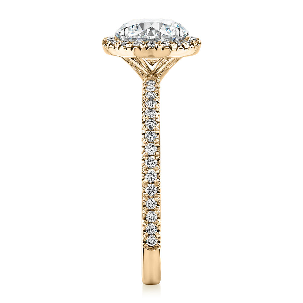 Premium Certified Lab-Grown Diamond, 1.88 carat TW round brilliant halo engagement ring in 14 carat yellow gold