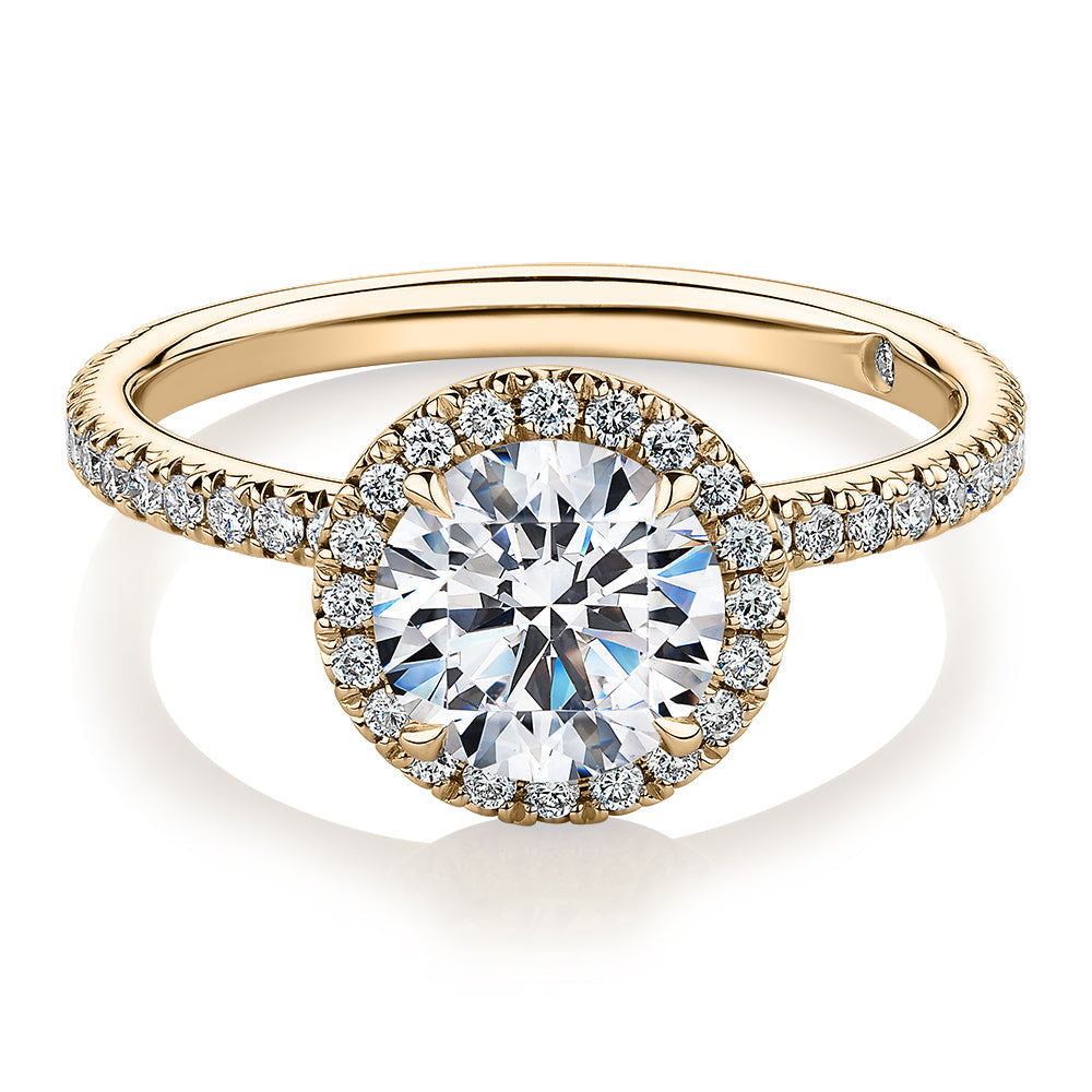 Signature Simulant Diamond 1.88 carat* TW round brilliant halo engagement ring in 10 carat yellow gold