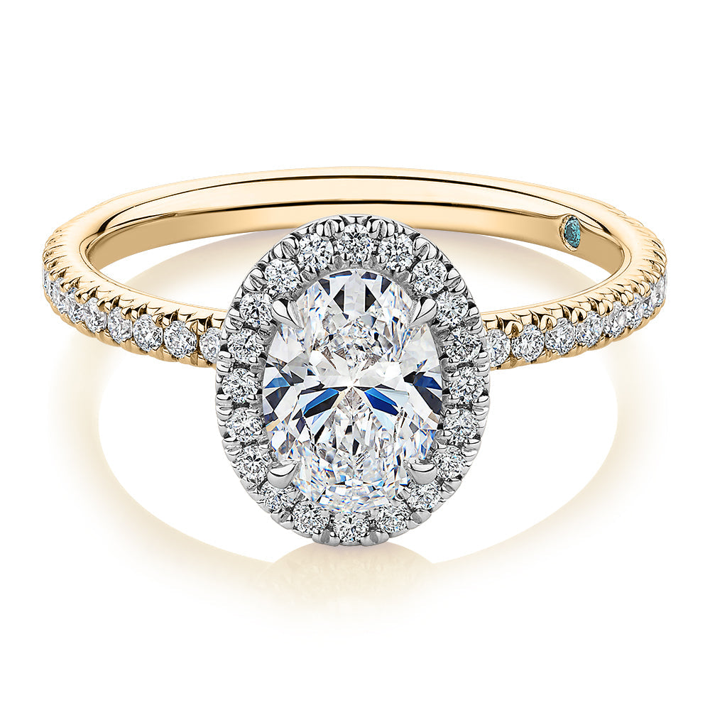 Premium Certified Laboratory Created Diamond, 1.37 carat TW oval and round brilliant halo engagement ring in 18 carat yellow and white gold