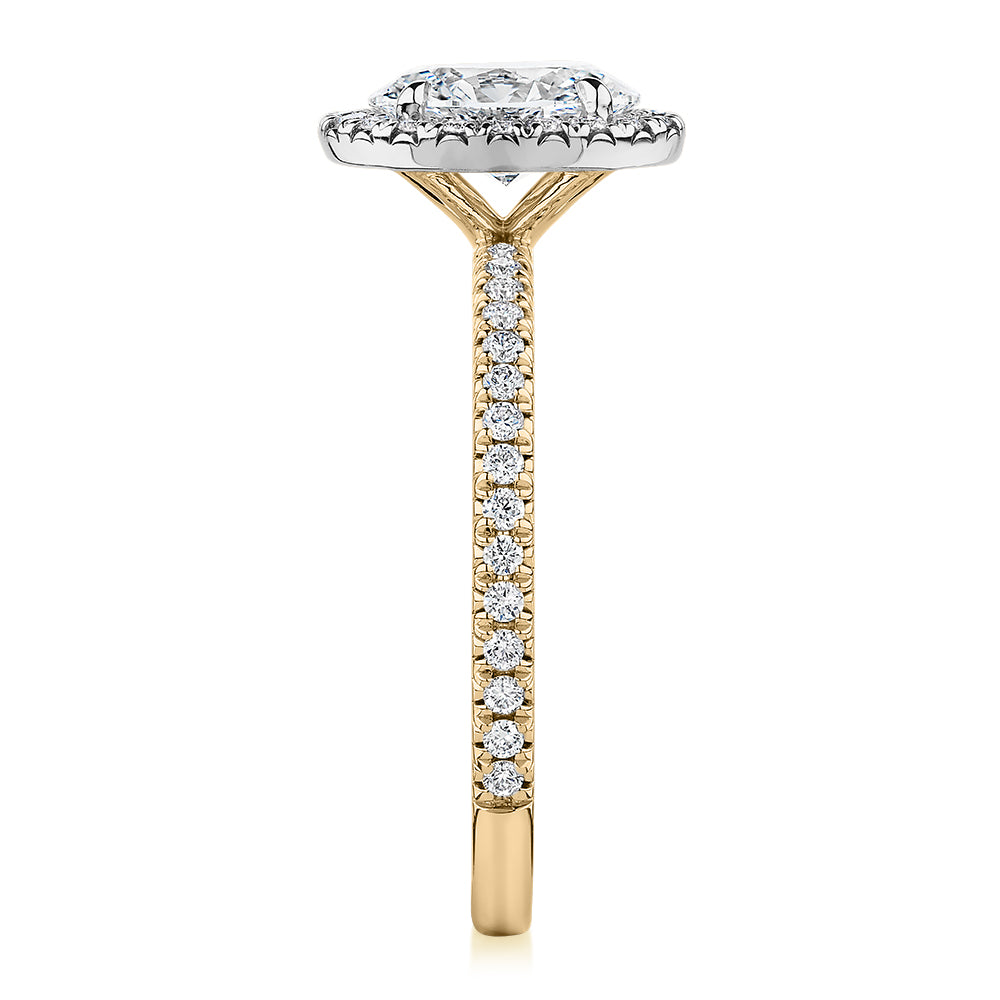 Premium Certified Lab-Grown Diamond, 1.37 carat TW oval and round brilliant halo engagement ring in 14 carat yellow and white gold
