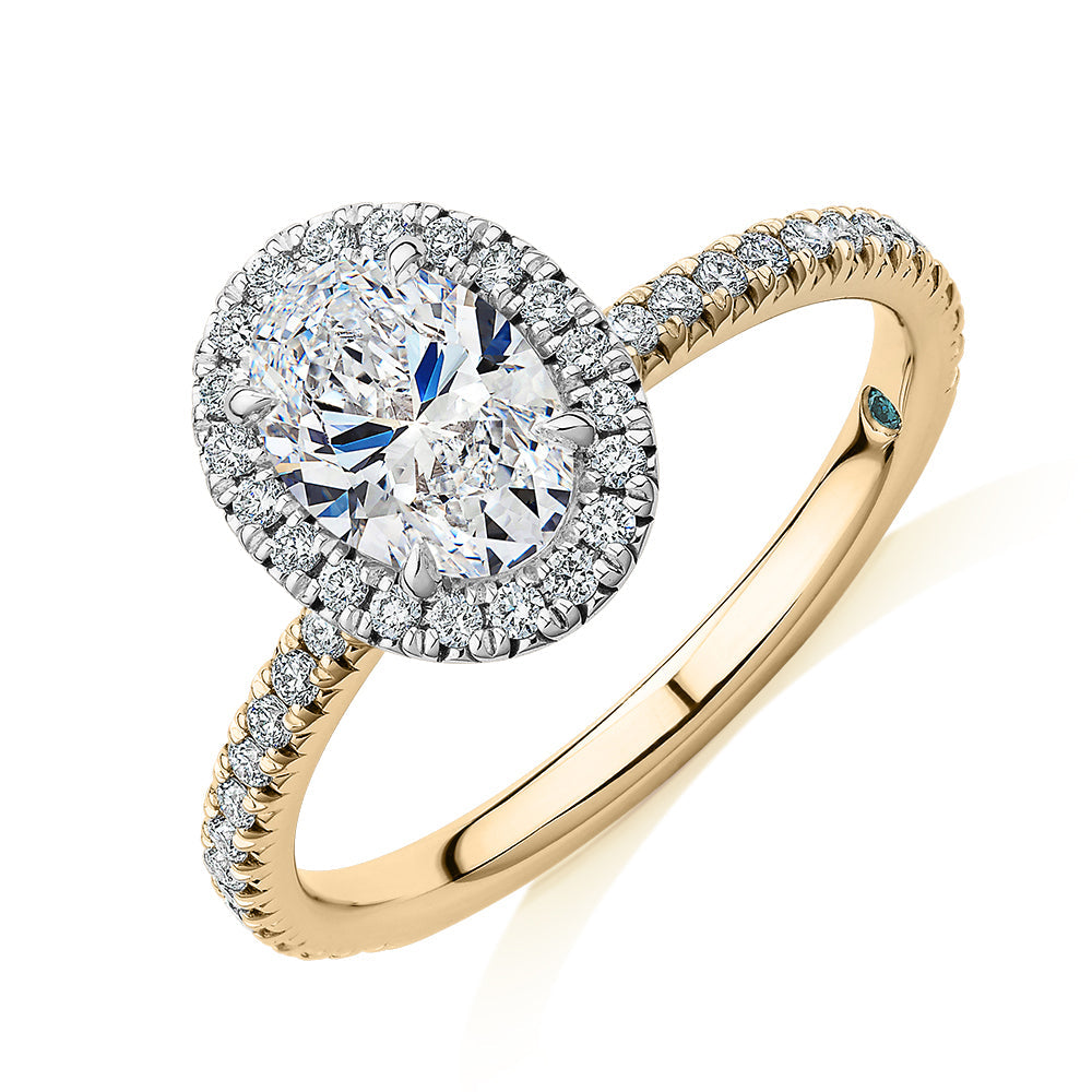 Premium Certified Lab-Grown Diamond, 1.37 carat TW oval and round brilliant halo engagement ring in 14 carat yellow and white gold