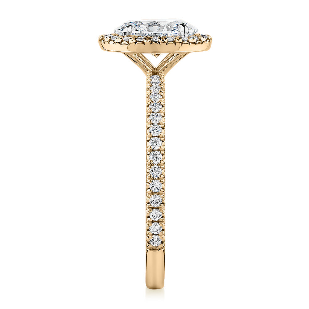 Signature Simulant Diamond 1.37 carat* TW oval and round brilliant halo engagement ring in 10 carat yellow and white gold