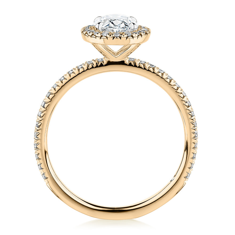 Signature Simulant Diamond 1.37 carat* TW oval and round brilliant halo engagement ring in 10 carat yellow and white gold