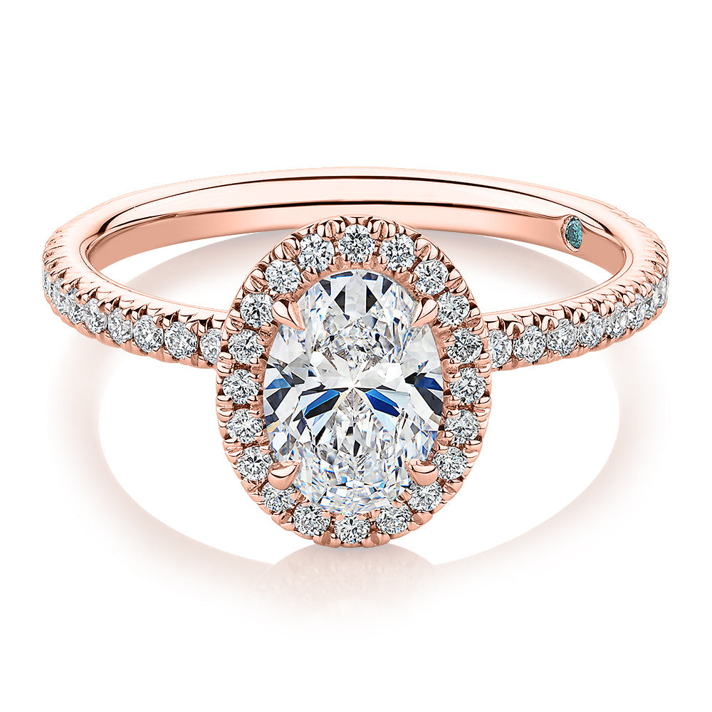 Premium Certified Laboratory Created Diamond, 1.37 carat TW oval and round brilliant halo engagement ring in 18 carat rose gold