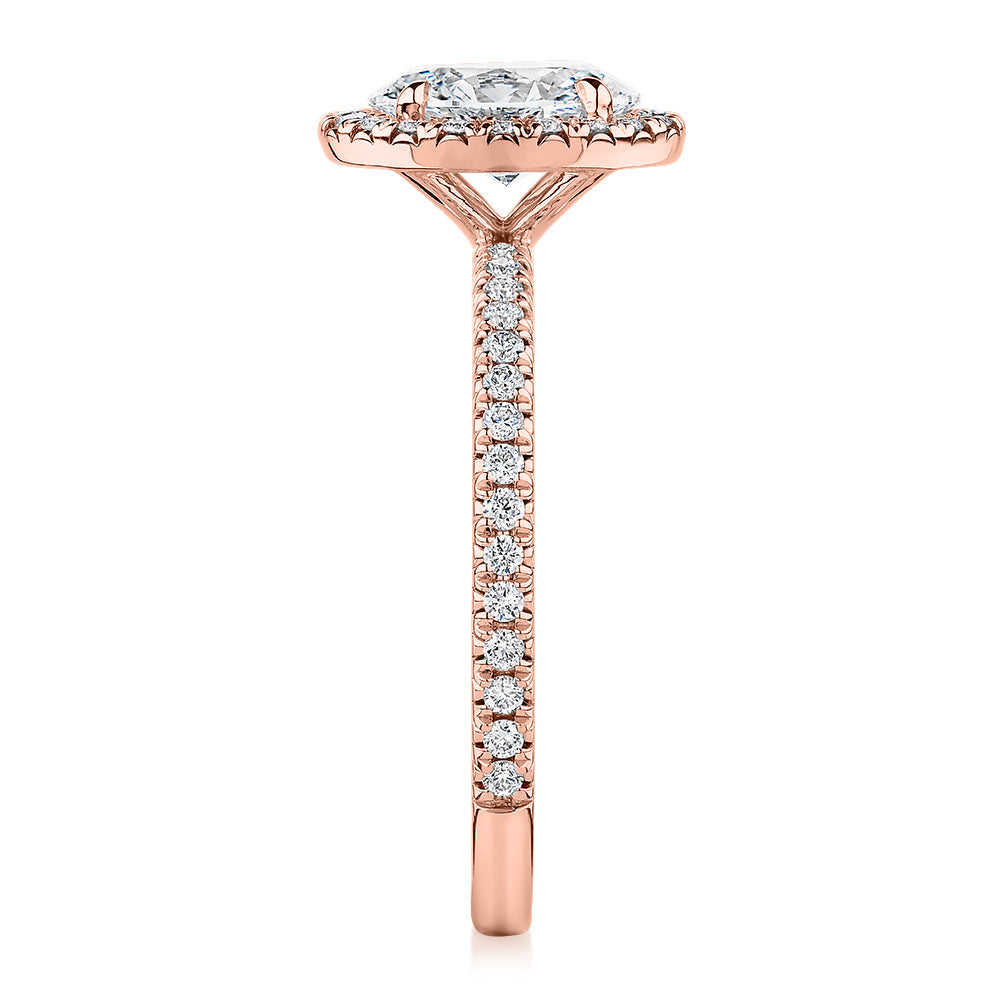 Premium Certified Lab-Grown Diamond, 1.37 carat TW oval and round brilliant halo engagement ring in 14 carat rose gold