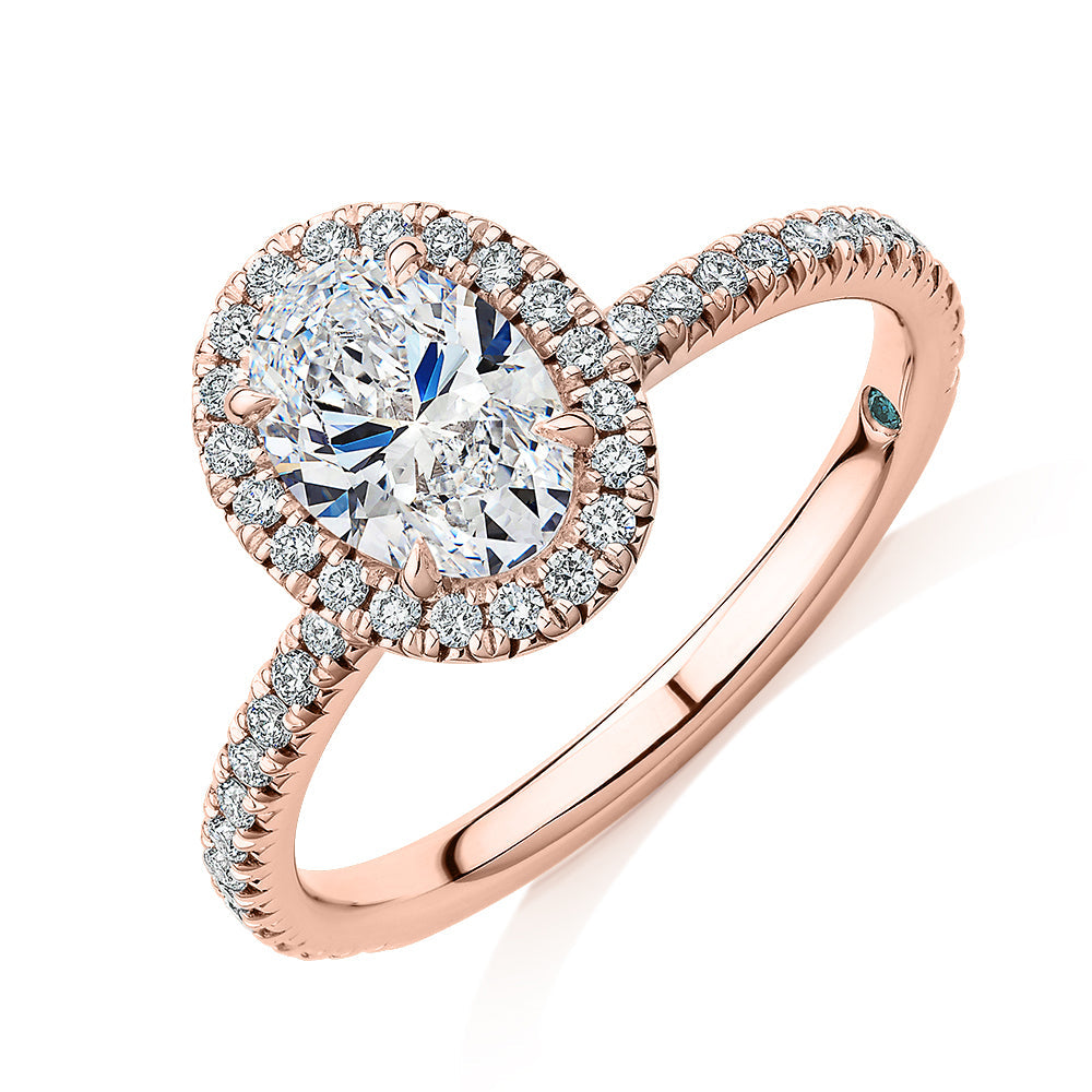 Premium Certified Lab-Grown Diamond, 1.37 carat TW oval and round brilliant halo engagement ring in 14 carat rose gold