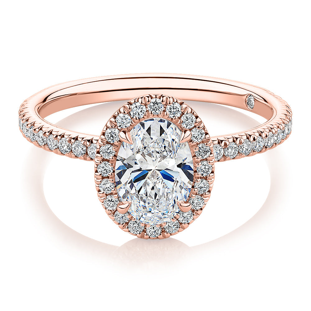 Signature Simulant Diamond 1.37 carat* TW oval and round brilliant halo engagement ring in 10 carat rose gold
