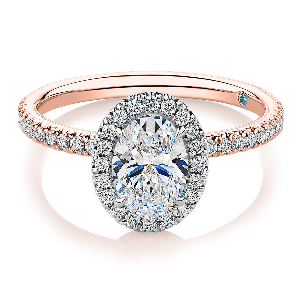 Premium Certified Laboratory Created Diamond, 1.37 carat TW oval and round brilliant halo engagement ring in 18 carat rose and white gold