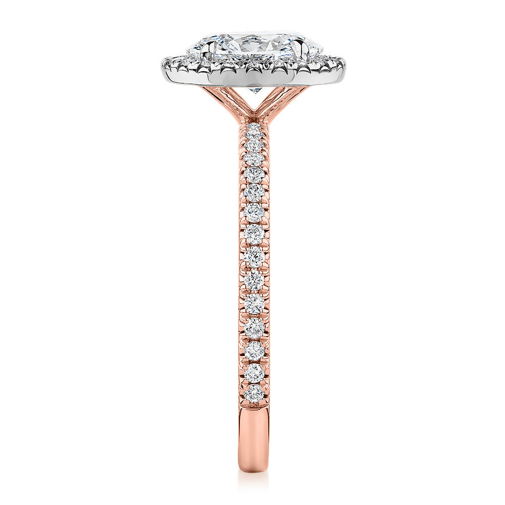 Premium Certified Laboratory Created Diamond, 1.37 carat TW oval and round brilliant halo engagement ring in 18 carat rose and white gold