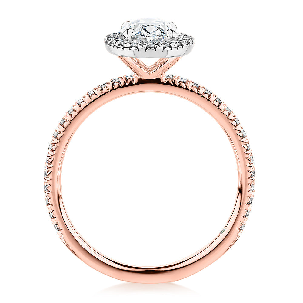 Premium Certified Laboratory Created Diamond, 1.37 carat TW oval and round brilliant halo engagement ring in 18 carat rose and white gold