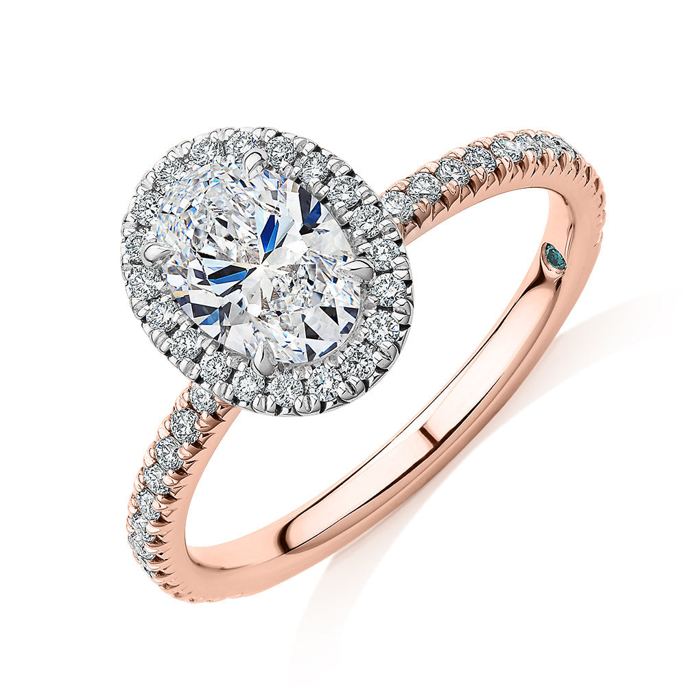 Premium Certified Laboratory Created Diamond, 1.37 carat TW oval and round brilliant halo engagement ring in 18 carat rose and white gold