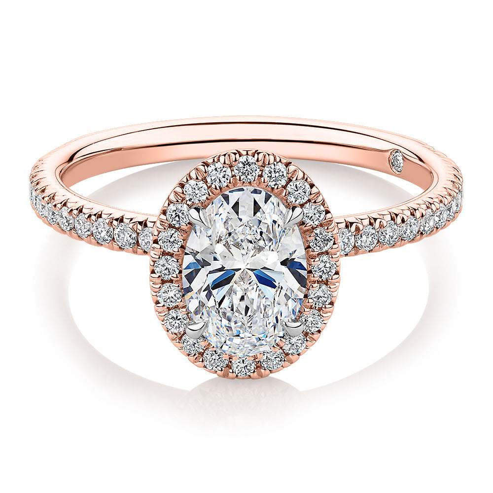 Signature Simulant Diamond 1.37 carat* TW oval and round brilliant halo engagement ring in 10 carat rose and white gold