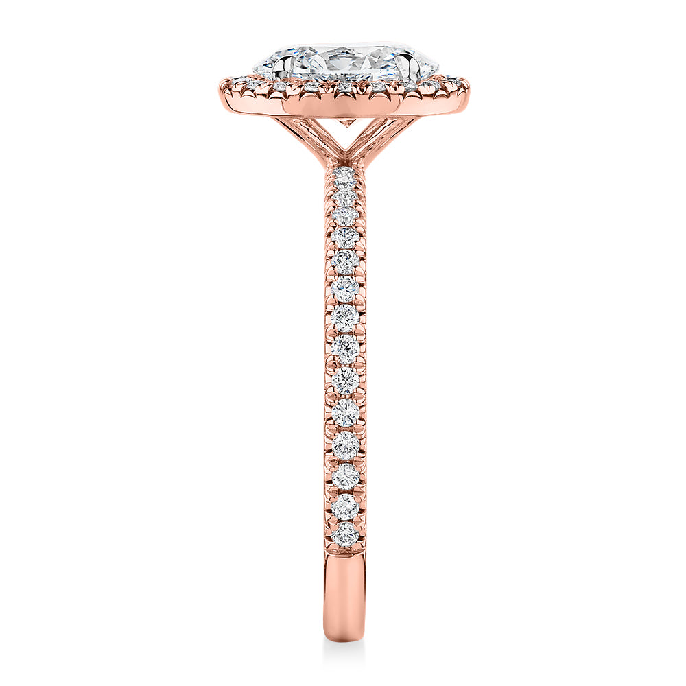 Signature Simulant Diamond 1.37 carat* TW oval and round brilliant halo engagement ring in 10 carat rose and white gold