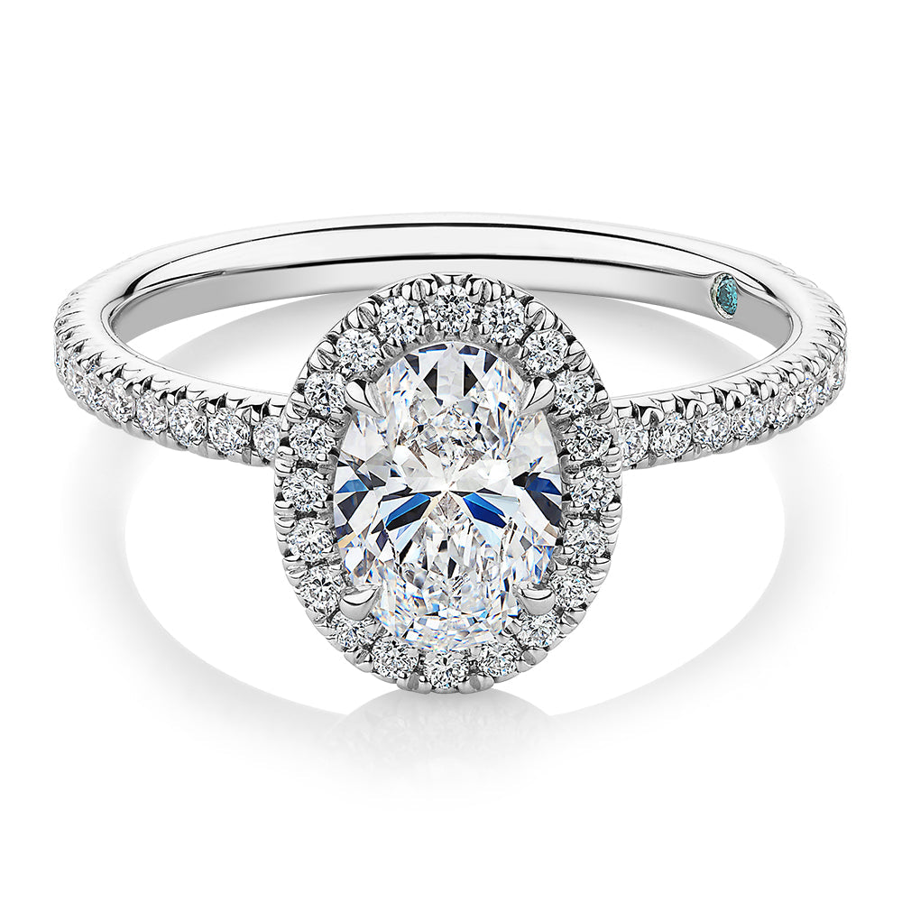 Premium Certified Lab-Grown Diamond, 1.37 carat TW oval and round brilliant halo engagement ring in 18 carat white gold