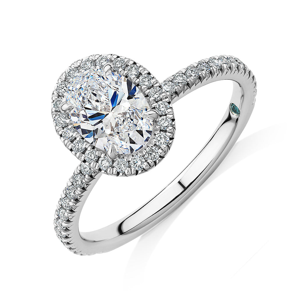Premium Certified Lab-Grown Diamond, 1.37 carat TW oval and round brilliant halo engagement ring in 18 carat white gold