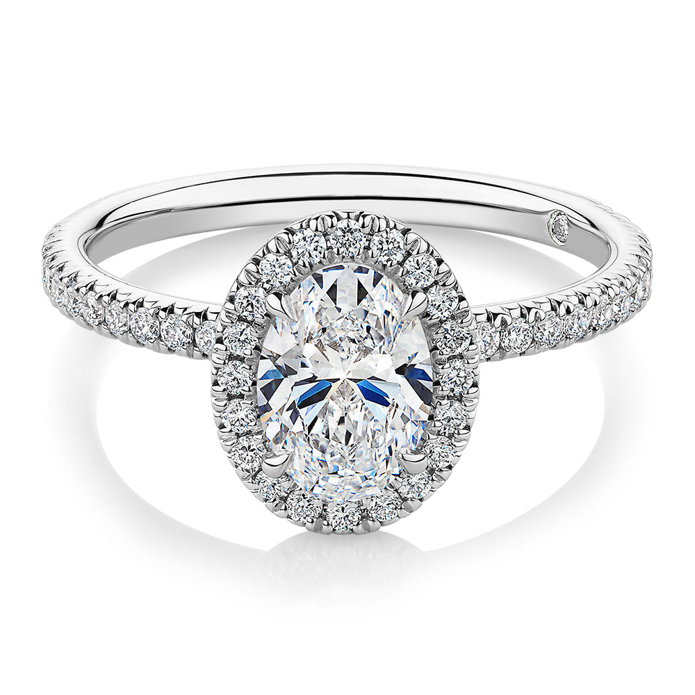 Signature Simulant Diamond 1.37 carat* TW oval and round brilliant halo engagement ring in 10 carat white gold