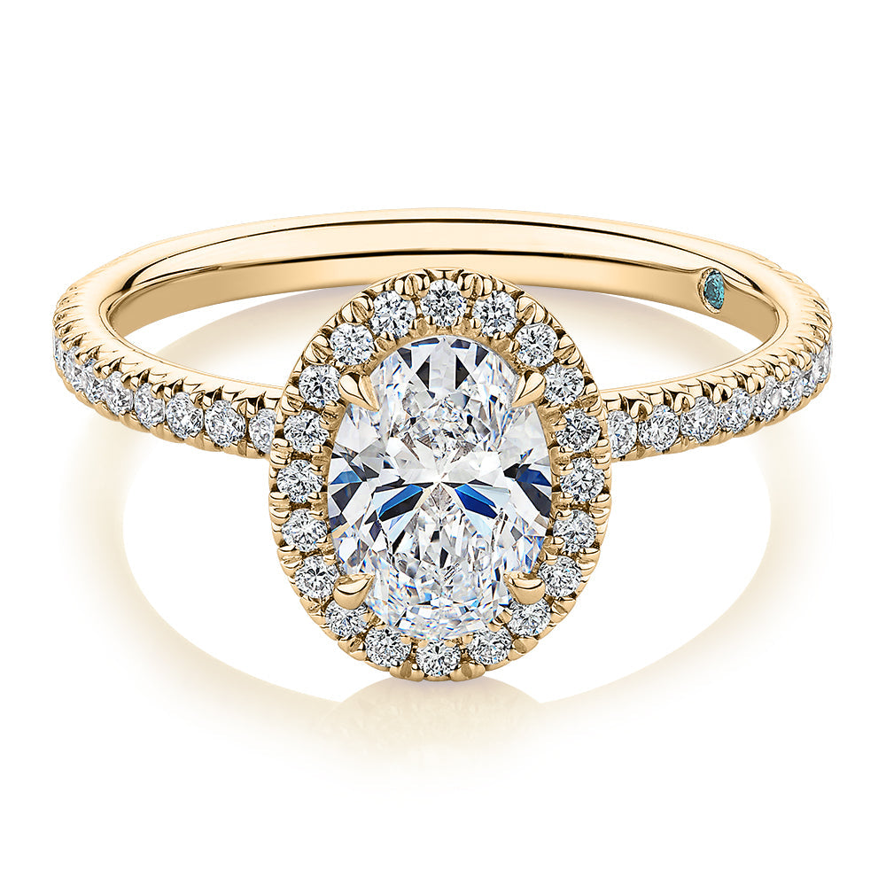 Premium Certified Lab-Grown Diamond, 1.37 carat TW oval and round brilliant halo engagement ring in 14 carat yellow gold