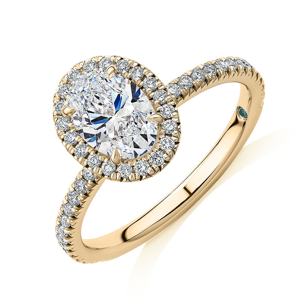 Premium Certified Laboratory Created Diamond, 1.37 carat TW oval and round brilliant halo engagement ring in 18 carat yellow gold