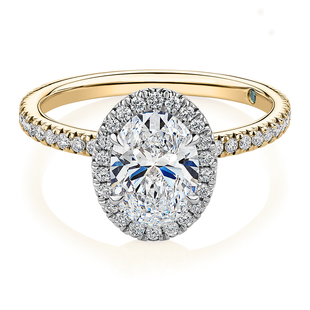 Premium Certified Laboratory Created Diamond, 1.89 carat TW oval and round brilliant halo engagement ring in 18 carat yellow and white gold