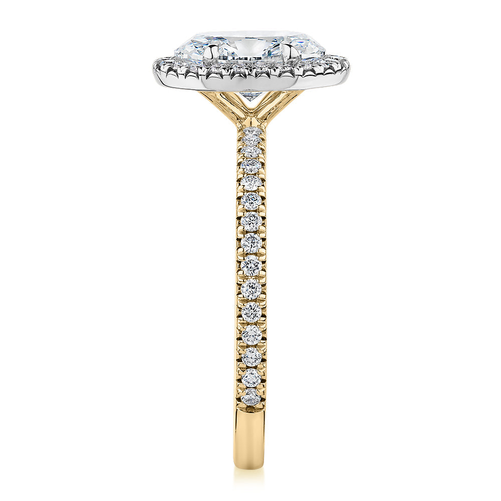 Premium Certified Laboratory Created Diamond, 1.89 carat TW oval and round brilliant halo engagement ring in 18 carat yellow and white gold