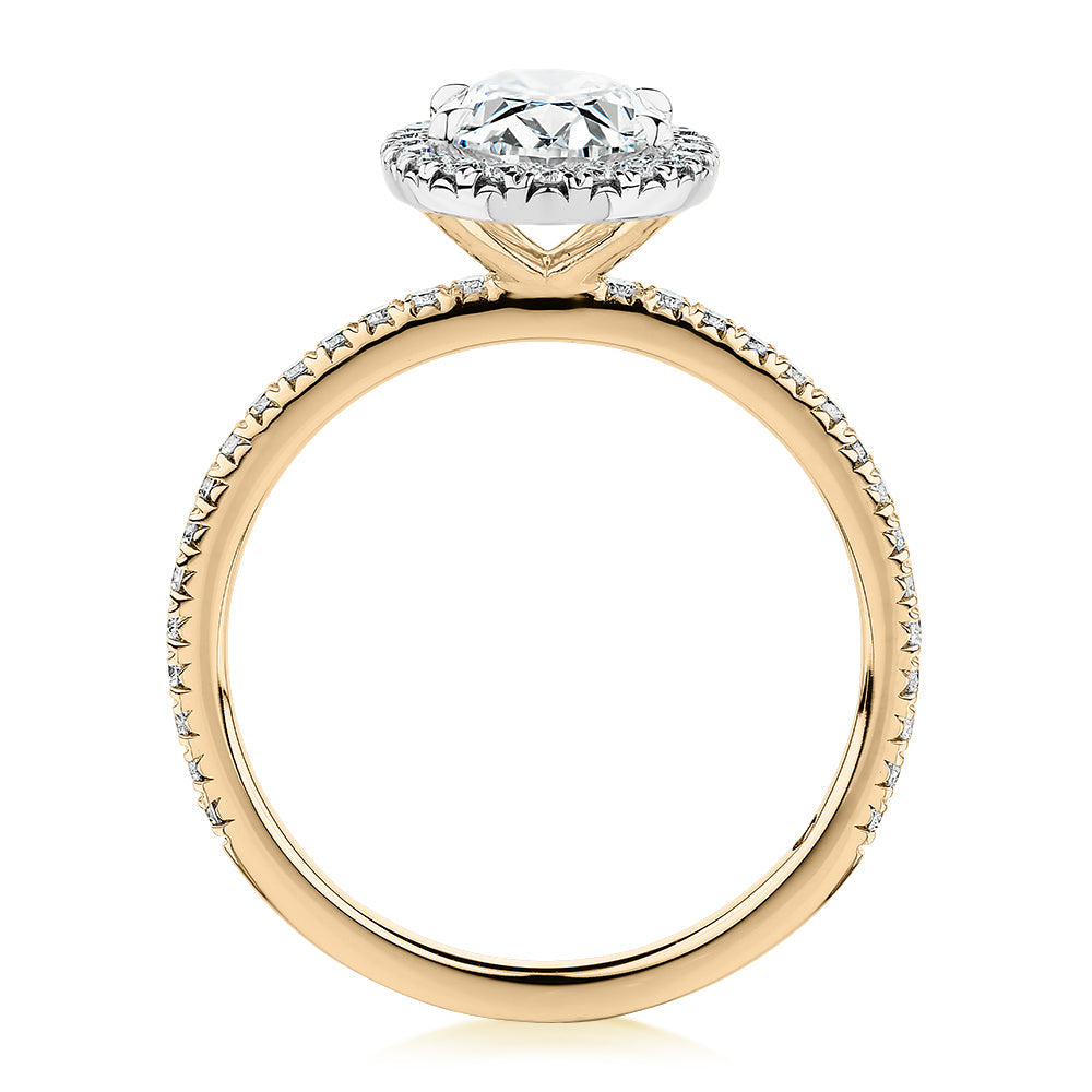 Premium Certified Laboratory Created Diamond, 1.89 carat TW oval and round brilliant halo engagement ring in 18 carat yellow and white gold