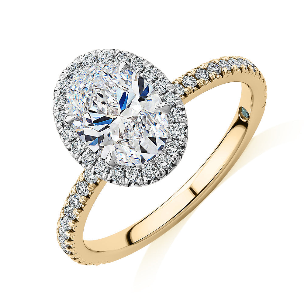 Premium Certified Laboratory Created Diamond, 1.89 carat TW oval and round brilliant halo engagement ring in 18 carat yellow and white gold