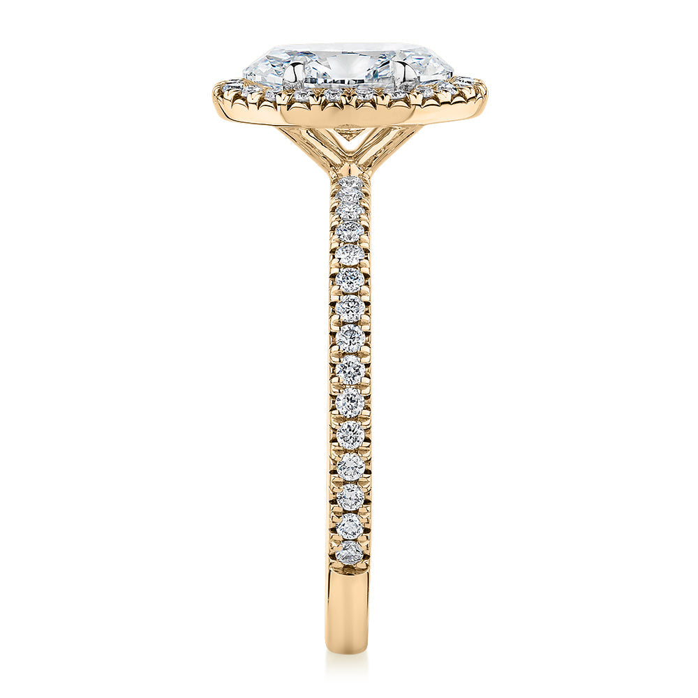 Signature Simulant Diamond 1.83 carat* TW oval and round brilliant halo engagement ring in 10 carat yellow and white gold