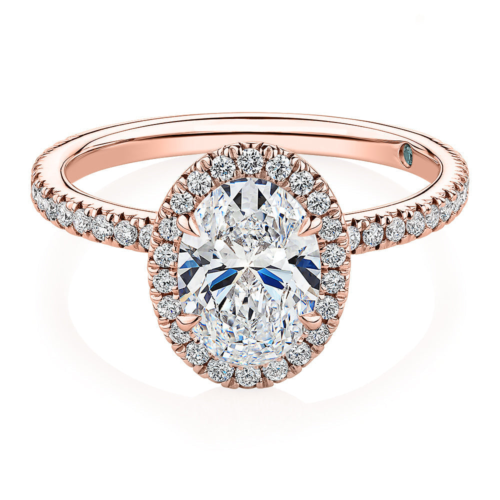 Signature Simulant Diamond 1.89 carat* TW oval and round brilliant halo engagement ring in 18 carat rose gold