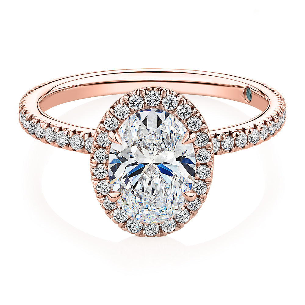 Premium Certified Lab-Grown Diamond, 1.83 carat TW oval and round brilliant halo engagement ring in 14 carat rose gold