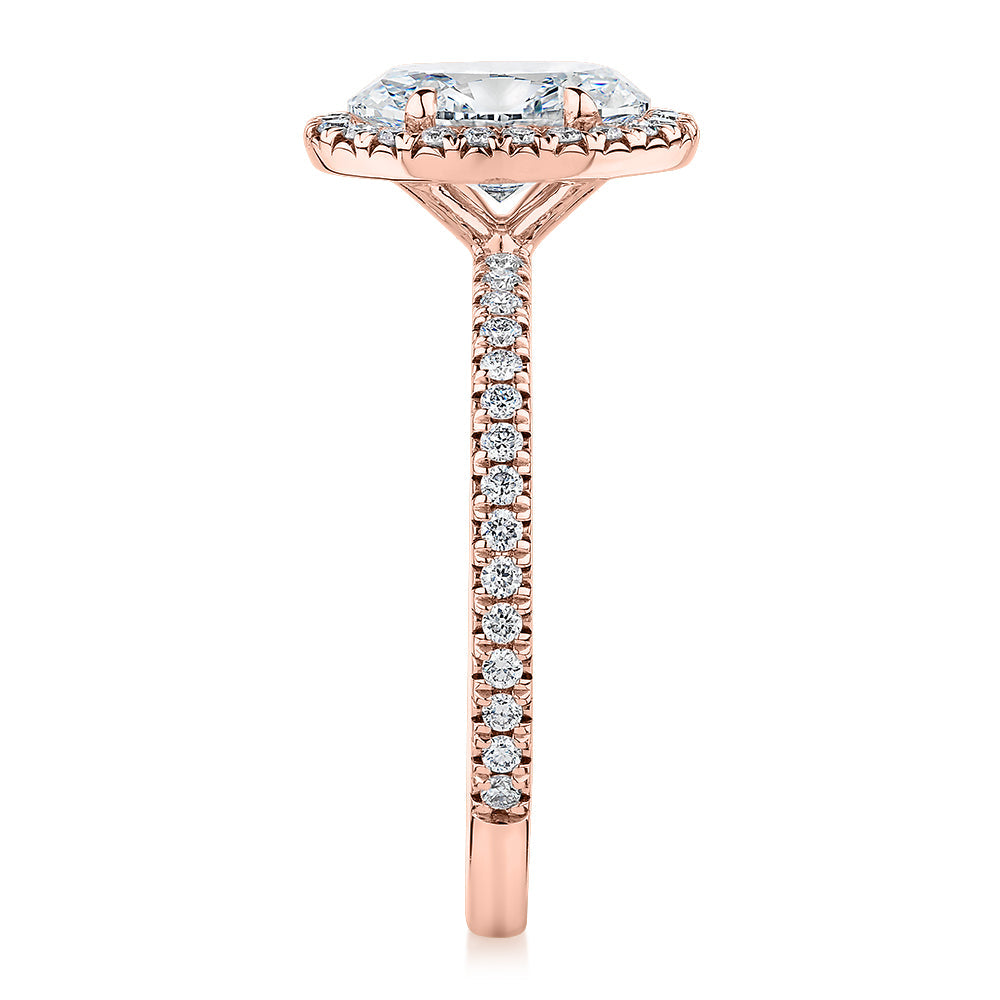 Signature Simulant Diamond 1.89 carat* TW oval and round brilliant halo engagement ring in 18 carat rose gold