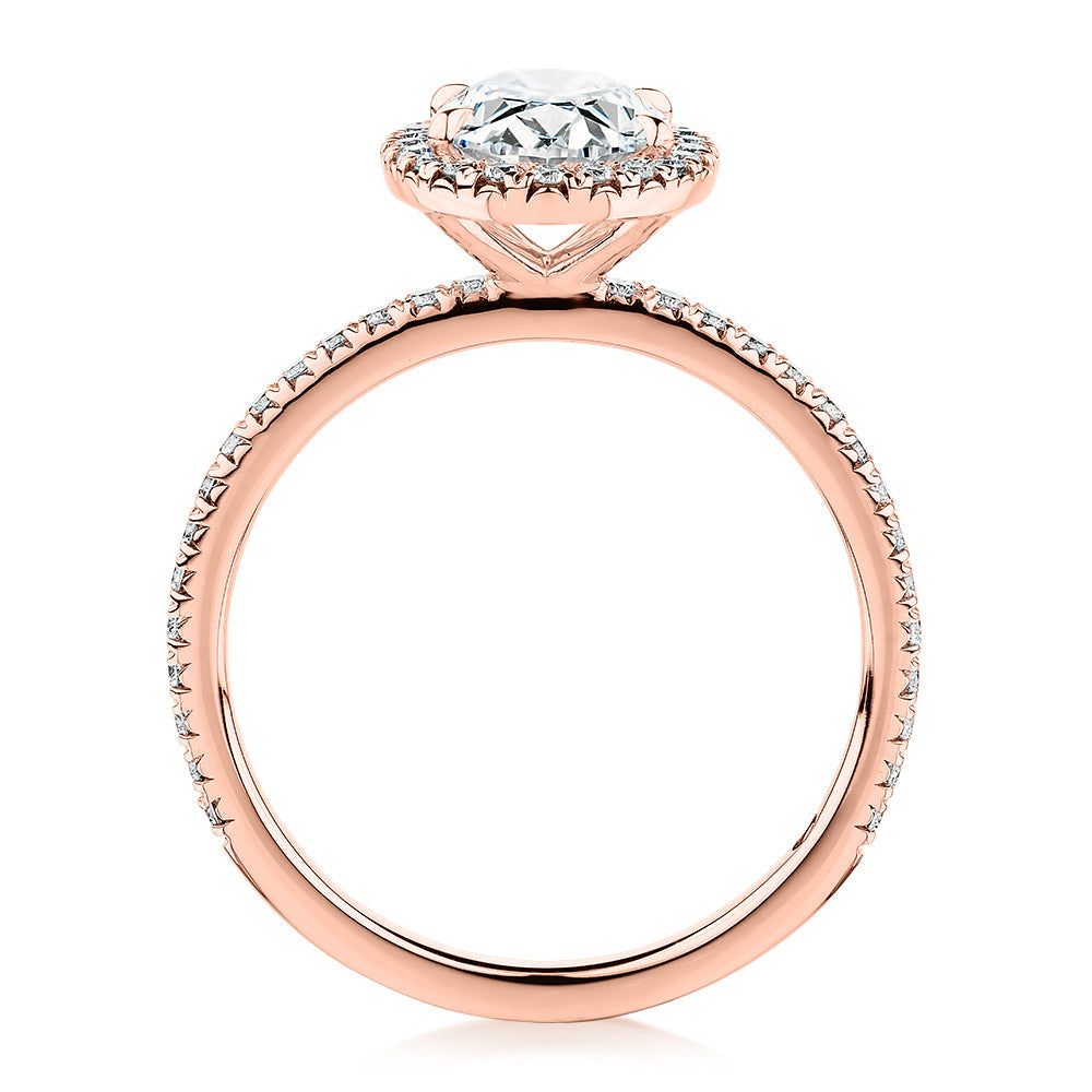 Signature Simulant Diamond 1.89 carat* TW oval and round brilliant halo engagement ring in 18 carat rose gold