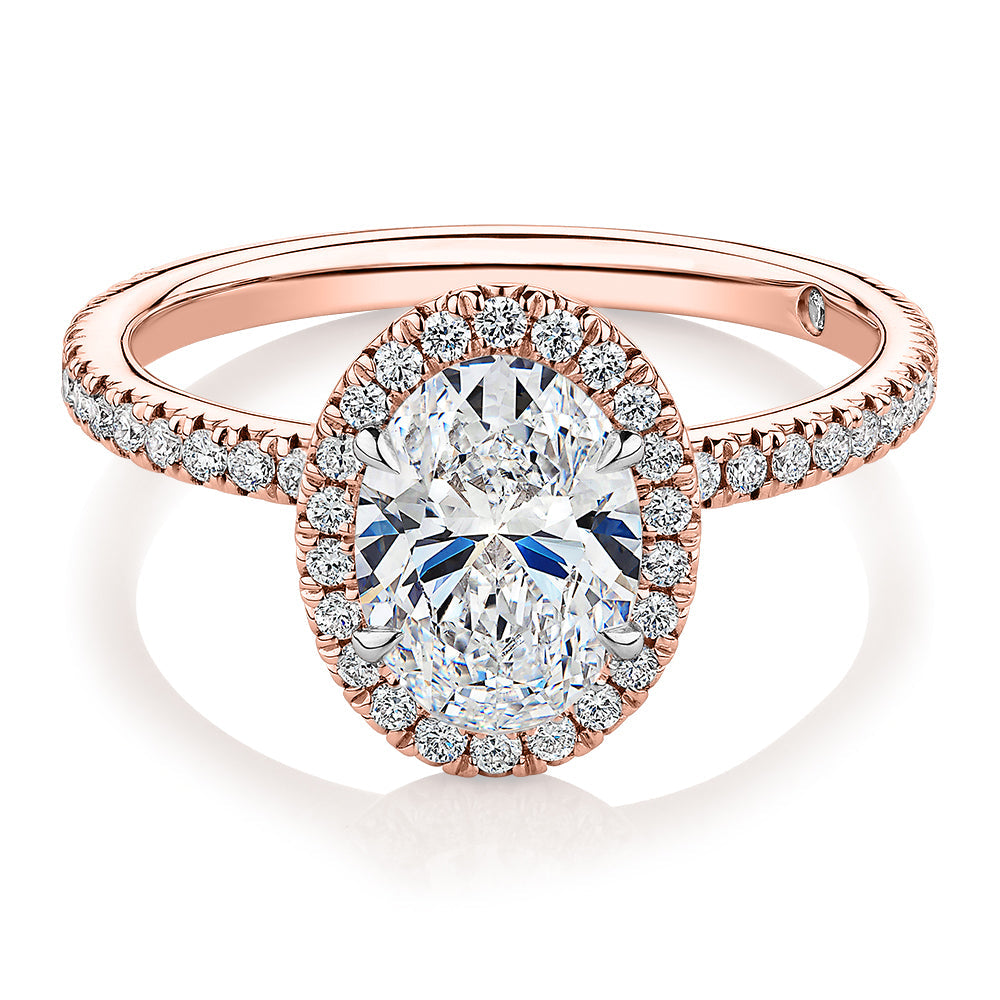 Signature Simulant Diamond 1.83 carat* TW oval and round brilliant halo engagement ring in 10 carat rose and white gold