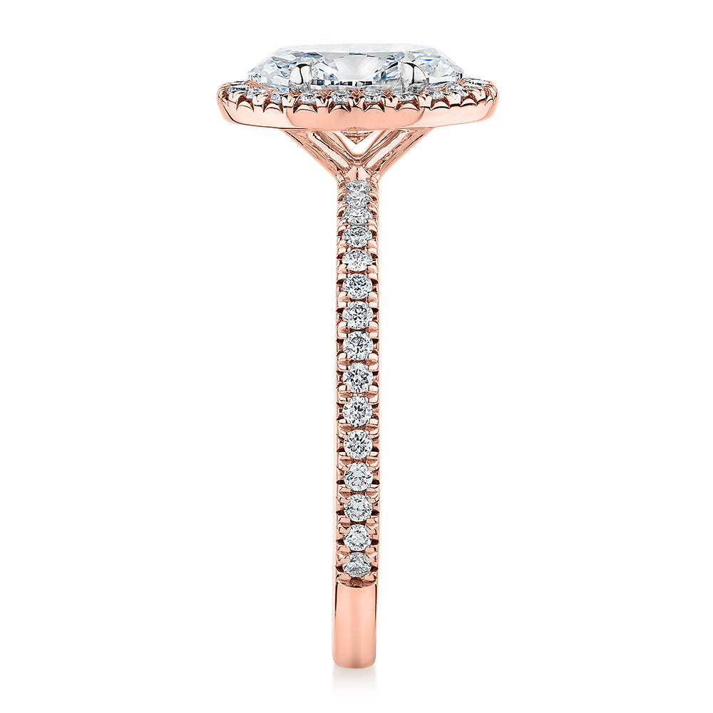 Signature Simulant Diamond 1.83 carat* TW oval and round brilliant halo engagement ring in 10 carat rose and white gold
