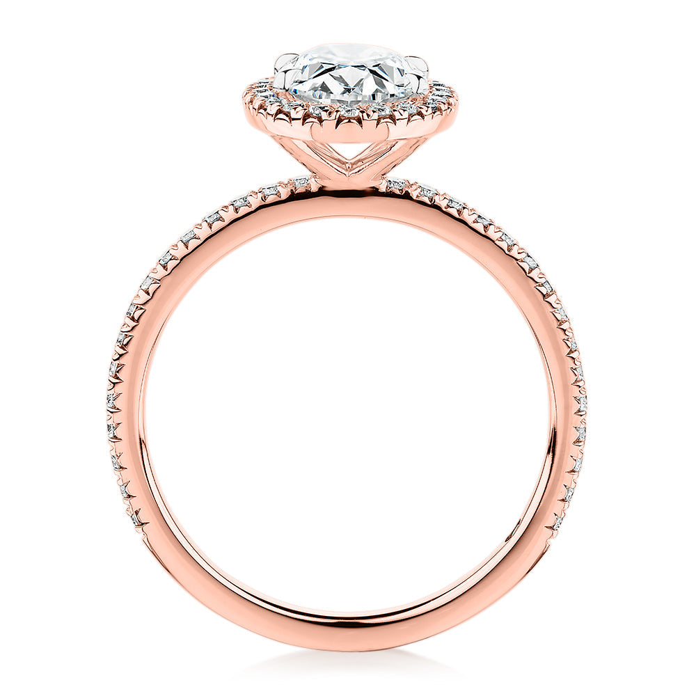 Signature Simulant Diamond 1.83 carat* TW oval and round brilliant halo engagement ring in 10 carat rose and white gold