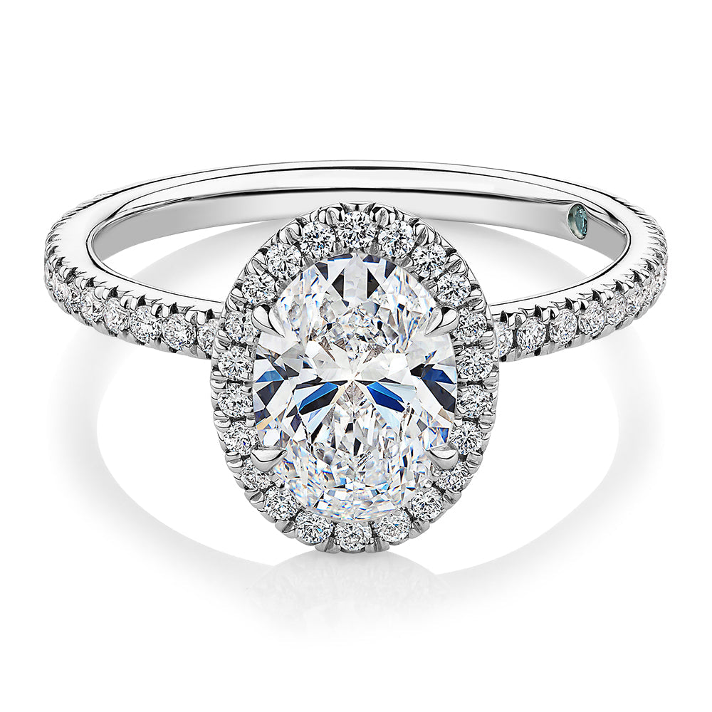 Premium Certified Lab-Grown Diamond, 1.89 carat TW oval and round brilliant halo engagement ring in platinum