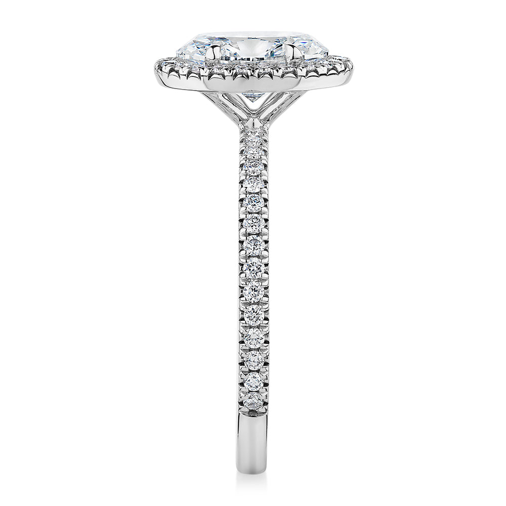 Signature Simulant Diamond 1.89 carat* TW oval and round brilliant halo engagement ring in 18 carat white gold