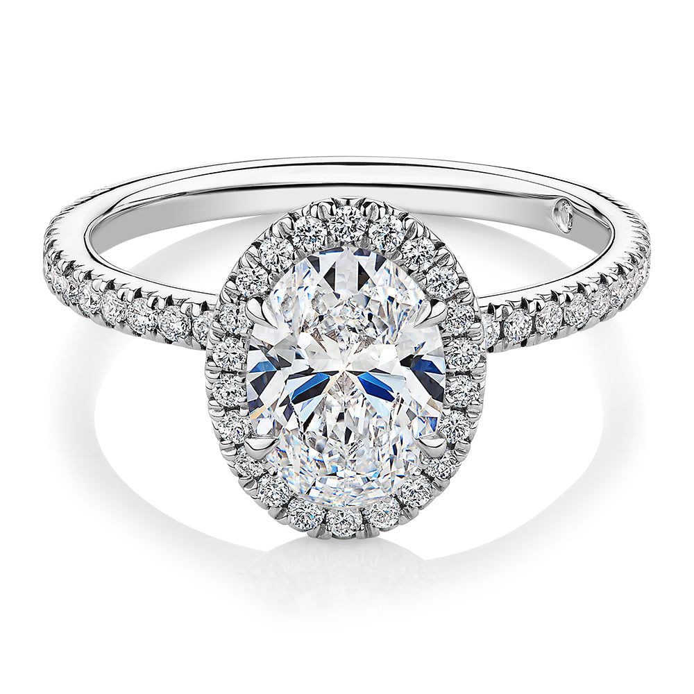 Signature Simulant Diamond 1.83 carat* TW oval and round brilliant halo engagement ring in 10 carat white gold