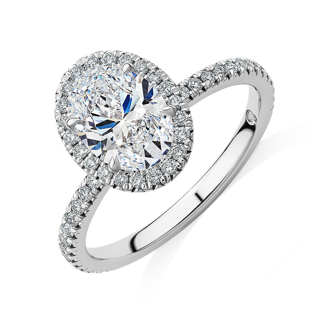 Signature Simulant Diamond 1.83 carat* TW oval and round brilliant halo engagement ring in 10 carat white gold