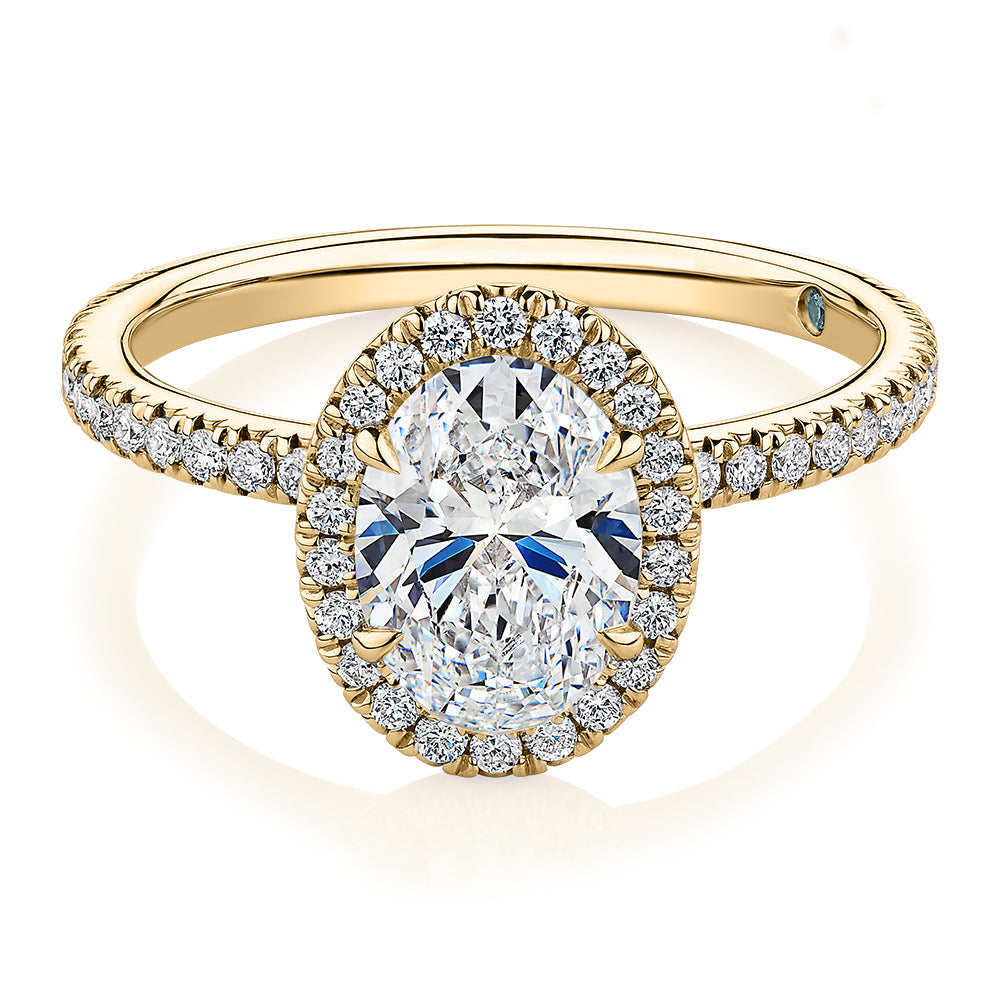 Signature Simulant Diamond 1.89 carat* TW oval and round brilliant halo engagement ring in 18 carat yellow gold